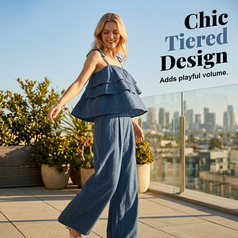 🔥 Jusqu'à -50% sur toute la collection !💙Ensemble coordonné composé d'un caraco à volants et d'un pantalon en tissu respirant