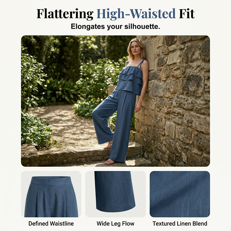 🔥 Jusqu'à -50% sur toute la collection !💙Ensemble coordonné composé d'un caraco à volants et d'un pantalon en tissu respirant