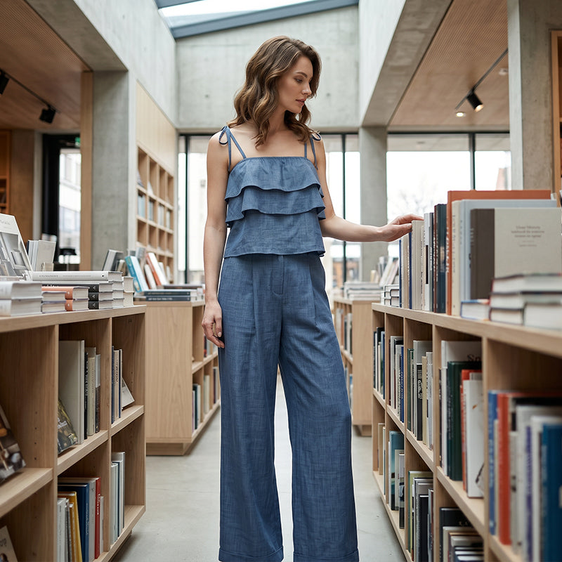🔥 Jusqu'à -50% sur toute la collection !💙Ensemble coordonné composé d'un caraco à volants et d'un pantalon en tissu respirant