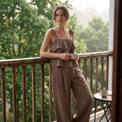 🔥 Jusqu'à -50% sur toute la collection !💙Ensemble coordonné composé d'un caraco à volants et d'un pantalon en tissu respirant