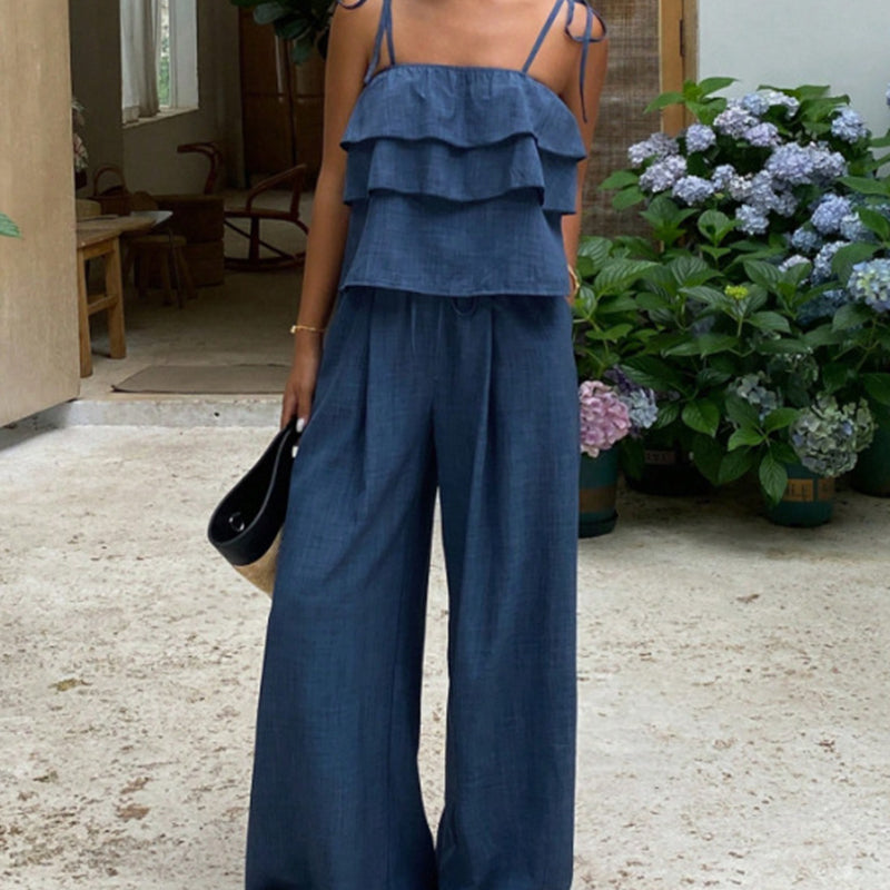 🔥 Jusqu'à -50% sur toute la collection !💙Ensemble coordonné composé d'un caraco à volants et d'un pantalon en tissu respirant