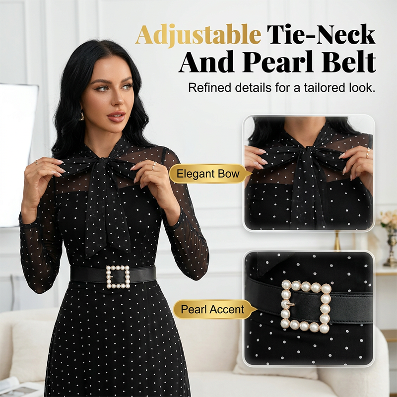 🎀 Nouveauté 2026 ✨ Robe mi-longue élégante 👗 À pois et avec lacets