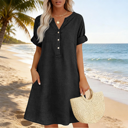 👗 Robe femme décontractée à col V et taille cintrée, poches, tissu doux et confortable ✨