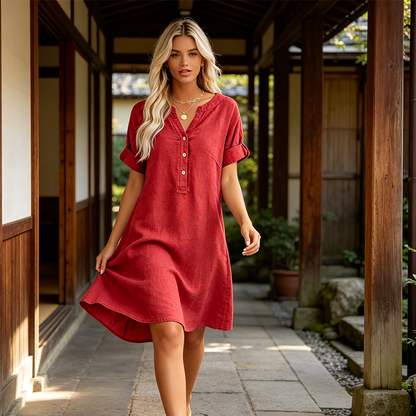 👗 Robe femme décontractée à col V et taille cintrée, poches, tissu doux et confortable ✨