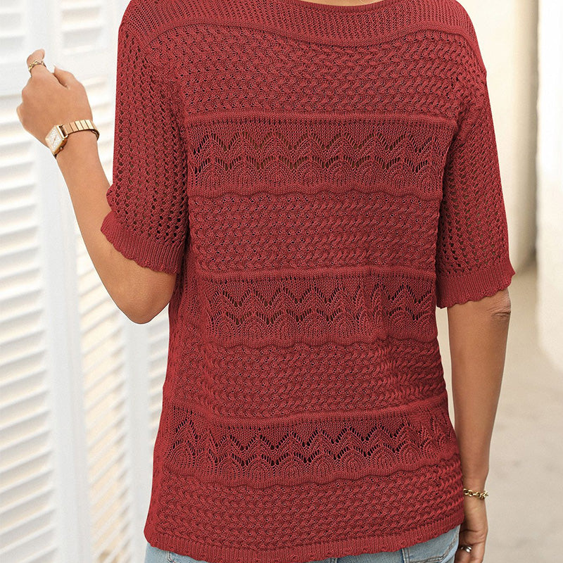 🏆Jusqu'à 50% de réduction !🌷Pull femme manches courtes col rond aspect ajouré et crochet