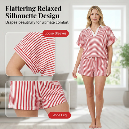 Ensemble composé d'une chemise décontractée à manches courtes rayée et d'un short pour femme