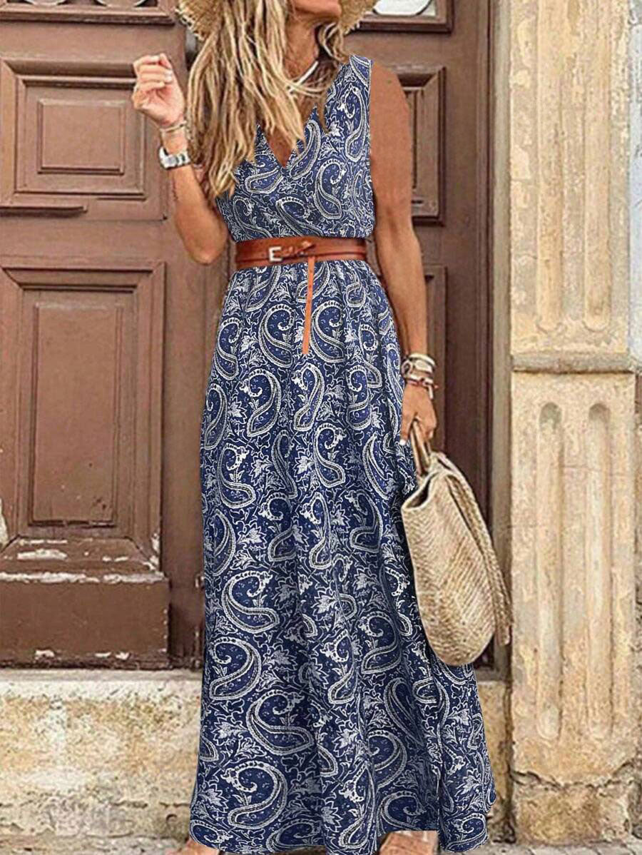 LUNE Holiday Leisure Paisley Print Sleeveless Dress
