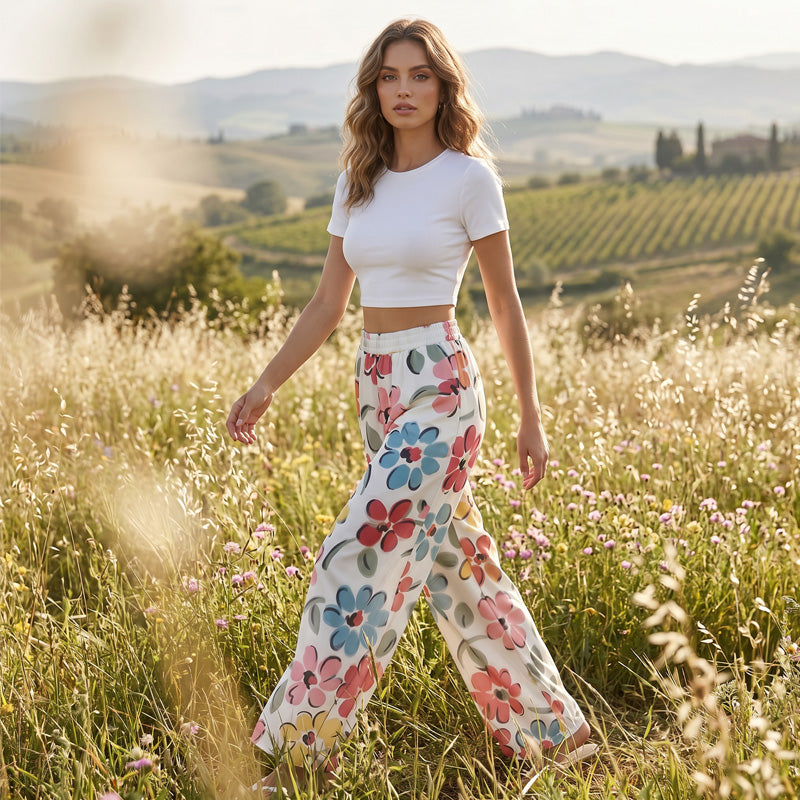 👖 50% DE RÉDUCTION ❤️ Pantalon palazzo à jambes larges et imprimé floral pour femme – Tissu léger, taille élastique & coupe fluide – parfait pour l’été, la plage ou un look bohème chic 🌸