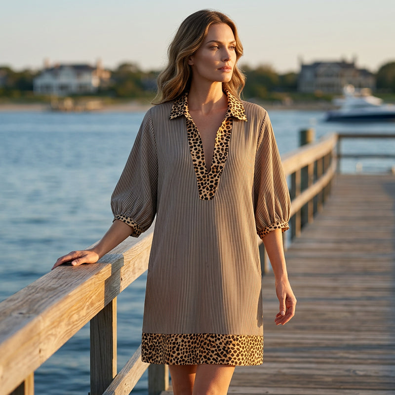 📢📢Nouveautés – 50 % de réduction  Robe Tunique Femme à Col Mao - Finitions Léopard & Rayures