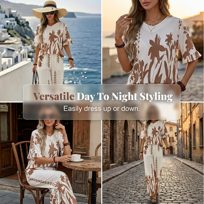 🌺 Tenue fleurie pour femme – Pantalon large + haut à manches volantées – Parfaite pour les vacances tropicales !
