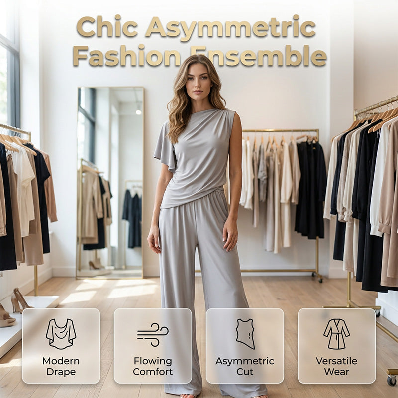 Mode féminine : ensemble uni composé d'un haut asymétrique et d'un pantalon