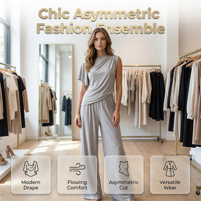 Mode féminine : ensemble uni composé d'un haut asymétrique et d'un pantalon