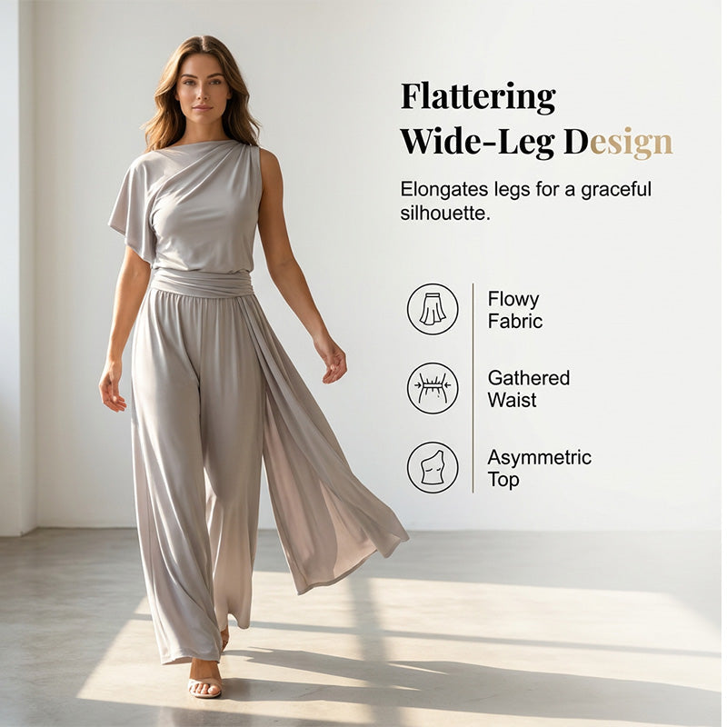 Mode féminine : ensemble uni composé d'un haut asymétrique et d'un pantalon