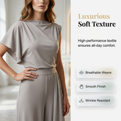 Mode féminine : ensemble uni composé d'un haut asymétrique et d'un pantalon