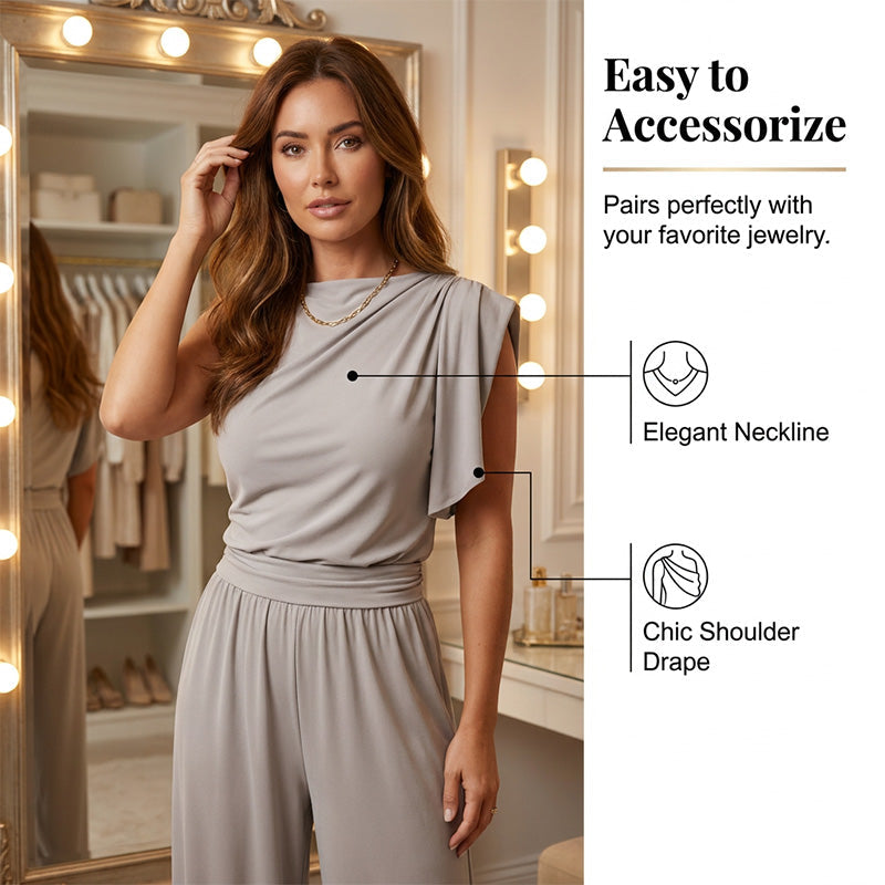 Mode féminine : ensemble uni composé d'un haut asymétrique et d'un pantalon