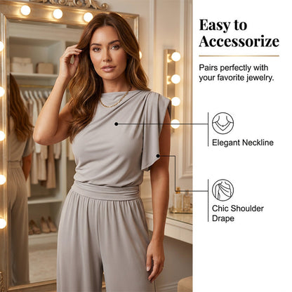 Mode féminine : ensemble uni composé d'un haut asymétrique et d'un pantalon
