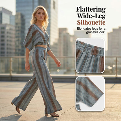 👚 50 % DE RÉDUCTION POUR UNE DURÉE LIMITÉE ! ✨ Ensemble composé d'un haut court rayé et d'un pantalon à jambes larges – Tissu fluide et respirant, style vacances 🏖️