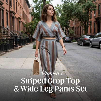 👚 50 % DE RÉDUCTION POUR UNE DURÉE LIMITÉE ! ✨ Ensemble composé d'un haut court rayé et d'un pantalon à jambes larges – Tissu fluide et respirant, style vacances 🏖️