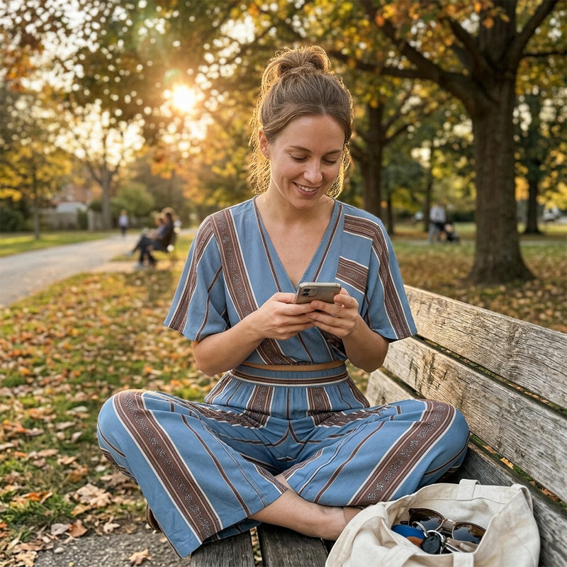 👚 50 % DE RÉDUCTION POUR UNE DURÉE LIMITÉE ! ✨ Ensemble composé d'un haut court rayé et d'un pantalon à jambes larges – Tissu fluide et respirant, style vacances 🏖️