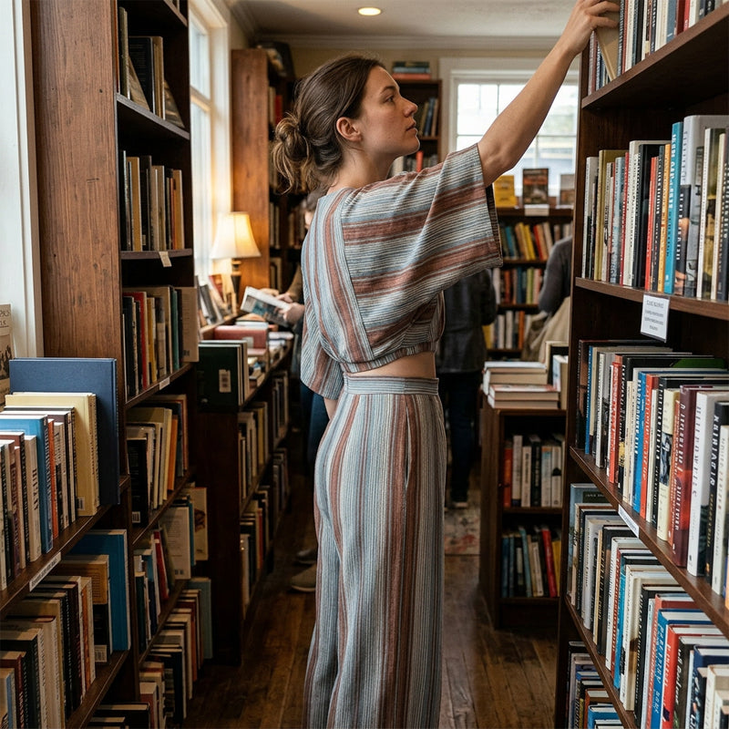 👚 50 % DE RÉDUCTION POUR UNE DURÉE LIMITÉE ! ✨ Ensemble composé d'un haut court rayé et d'un pantalon à jambes larges – Tissu fluide et respirant, style vacances 🏖️