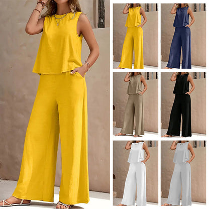 ⏰ -50% – Pour une durée limitée ! Ensemble composé d'un haut sans manches uni et d'un pantalon à jambes larges
