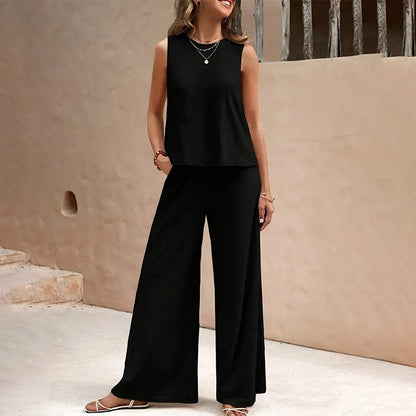 ⏰ -50% – Pour une durée limitée ! Ensemble composé d'un haut sans manches uni et d'un pantalon à jambes larges