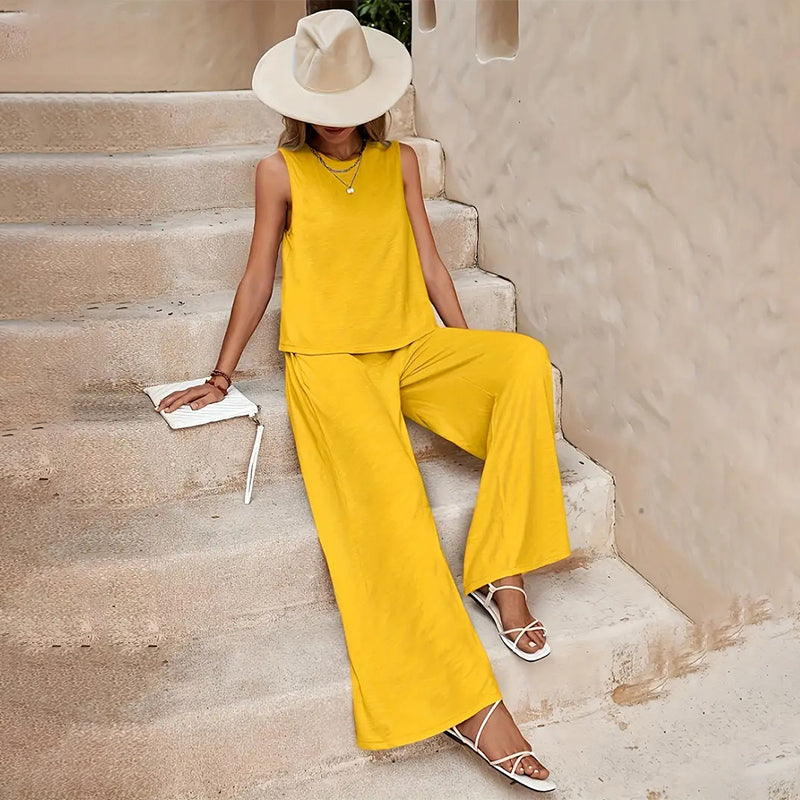 ⏰ -50% – Pour une durée limitée ! Ensemble composé d'un haut sans manches uni et d'un pantalon à jambes larges
