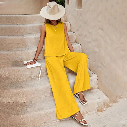 ⏰ -50% – Pour une durée limitée ! Ensemble composé d'un haut sans manches uni et d'un pantalon à jambes larges