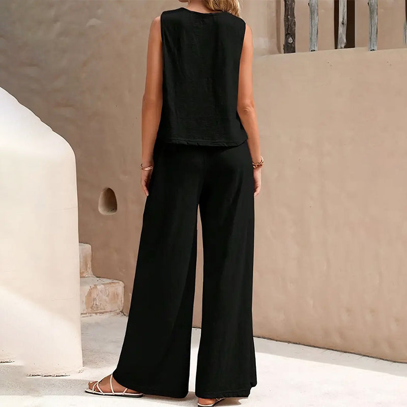 ⏰ -50% – Pour une durée limitée ! Ensemble composé d'un haut sans manches uni et d'un pantalon à jambes larges