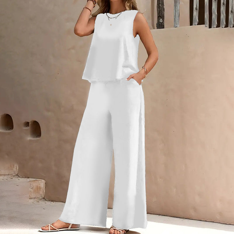 ⏰ -50% – Pour une durée limitée ! Ensemble composé d'un haut sans manches uni et d'un pantalon à jambes larges