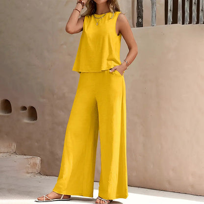 ⏰ -50% – Pour une durée limitée ! Ensemble composé d'un haut sans manches uni et d'un pantalon à jambes larges