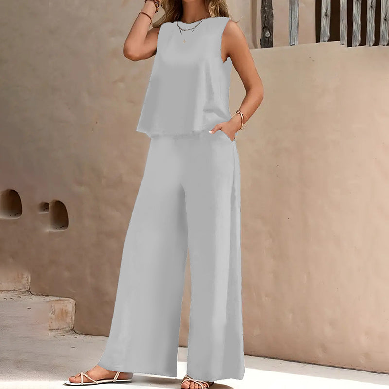 ⏰ -50% – Pour une durée limitée ! Ensemble composé d'un haut sans manches uni et d'un pantalon à jambes larges