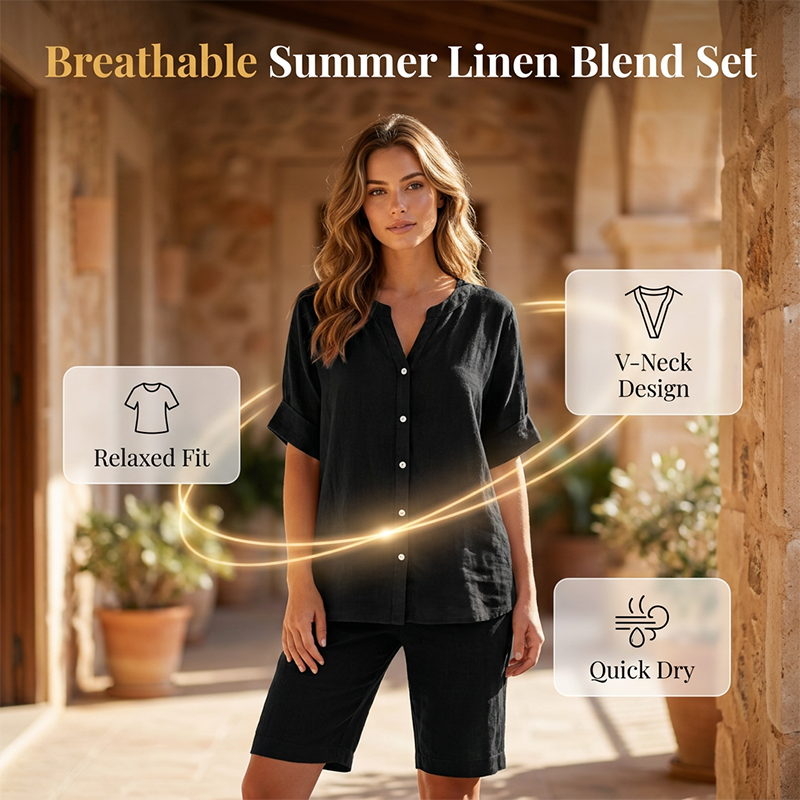 ⏰ -50% – Pour une durée limitée ! Ensemble chemise à col en V et short en lin pour femme