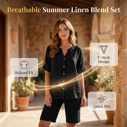 ⏰ -50% – Pour une durée limitée ! Ensemble chemise à col en V et short en lin pour femme
