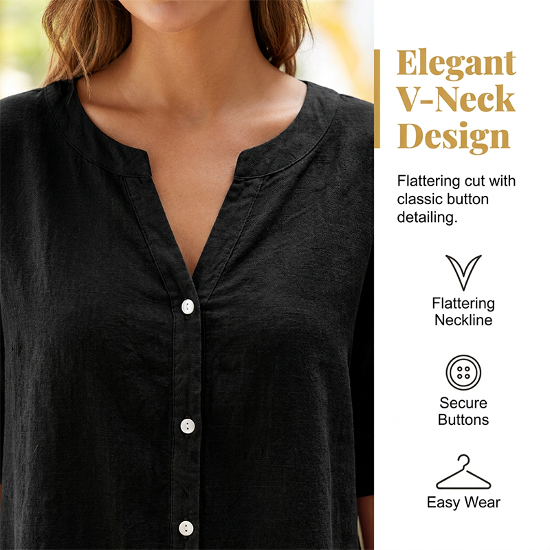 ⏰ -50% – Pour une durée limitée ! Ensemble chemise à col en V et short en lin pour femme