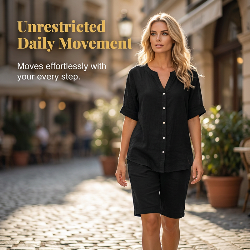 ⏰ -50% – Pour une durée limitée ! Ensemble chemise à col en V et short en lin pour femme