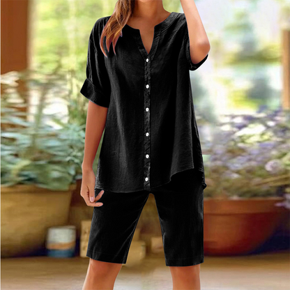 ⏰ -50% – Pour une durée limitée ! Ensemble chemise à col en V et short en lin pour femme