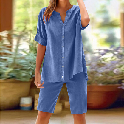 ⏰ -50% – Pour une durée limitée ! Ensemble chemise à col en V et short en lin pour femme