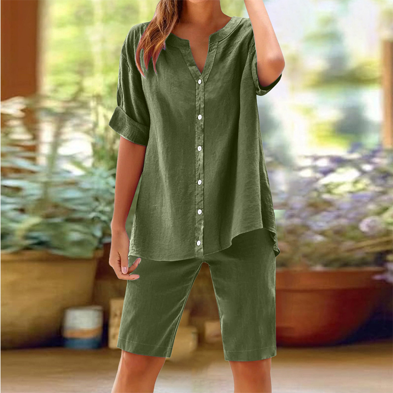 ⏰ -50% – Pour une durée limitée ! Ensemble chemise à col en V et short en lin pour femme