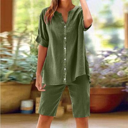 ⏰ -50% – Pour une durée limitée ! Ensemble chemise à col en V et short en lin pour femme