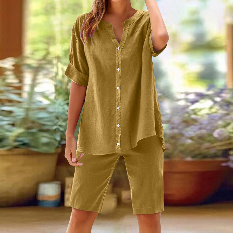 ⏰ -50% – Pour une durée limitée ! Ensemble chemise à col en V et short en lin pour femme