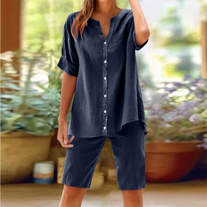 ⏰ -50% – Pour une durée limitée ! Ensemble chemise à col en V et short en lin pour femme
