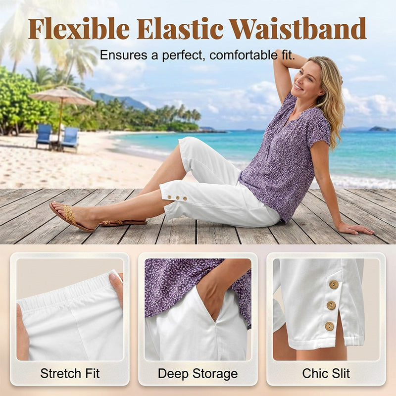 ☀️Pantalon 3/4 d'été pour femme avec boutons décoratifs✨Agréable à porter, confortable et doté de poches que vous utiliserez vraiment