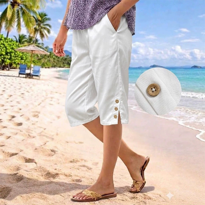 ☀️Pantalon 3/4 d'été pour femme avec boutons décoratifs✨Agréable à porter, confortable et doté de poches que vous utiliserez vraiment