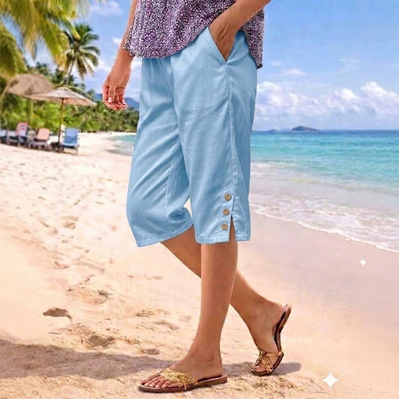 ☀️Pantalon 3/4 d'été pour femme avec boutons décoratifs✨Agréable à porter, confortable et doté de poches que vous utiliserez vraiment