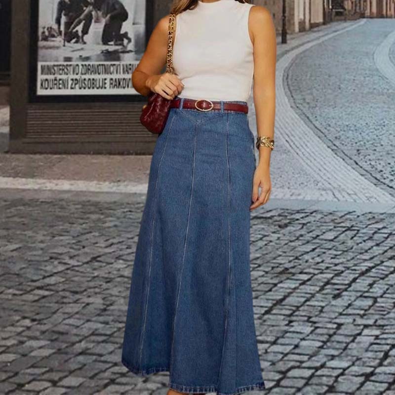 Jupe longue en jean trapèze taille haute pour femme