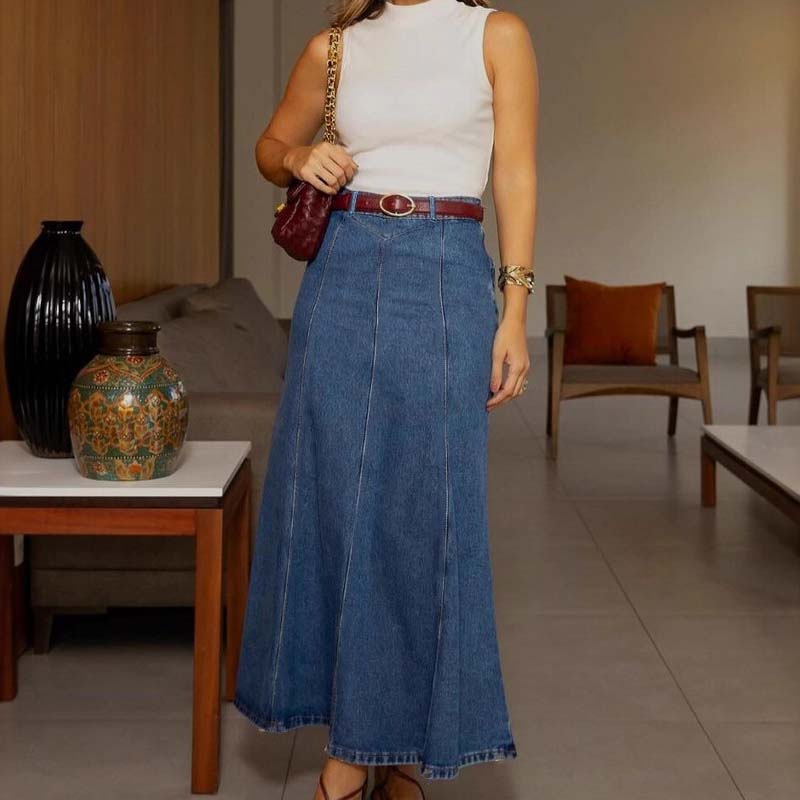 Jupe longue en jean trapèze taille haute pour femme