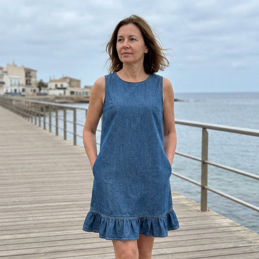 ⏳ Dernière heure – -50% se termine  ！ Robe sans manches en denim à ourlet à volants pour femme