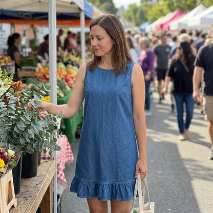 ⏳ Dernière heure – -50% se termine  ！ Robe sans manches en denim à ourlet à volants pour femme