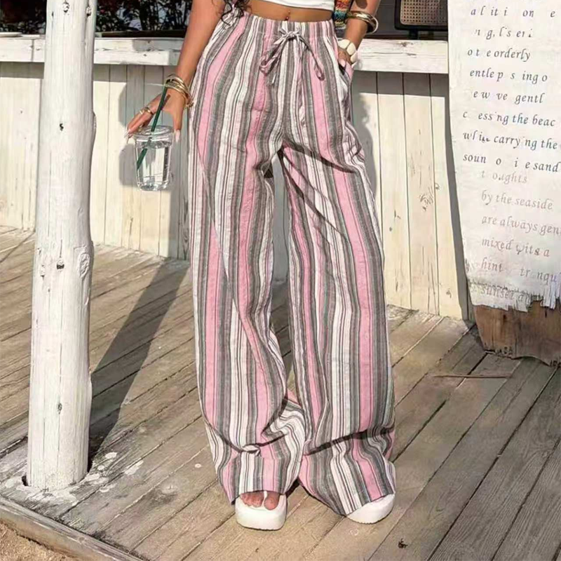 👑 Le must-have de la saison ! Pantalon rayé à jambes larges et cordon de serrage pour femme